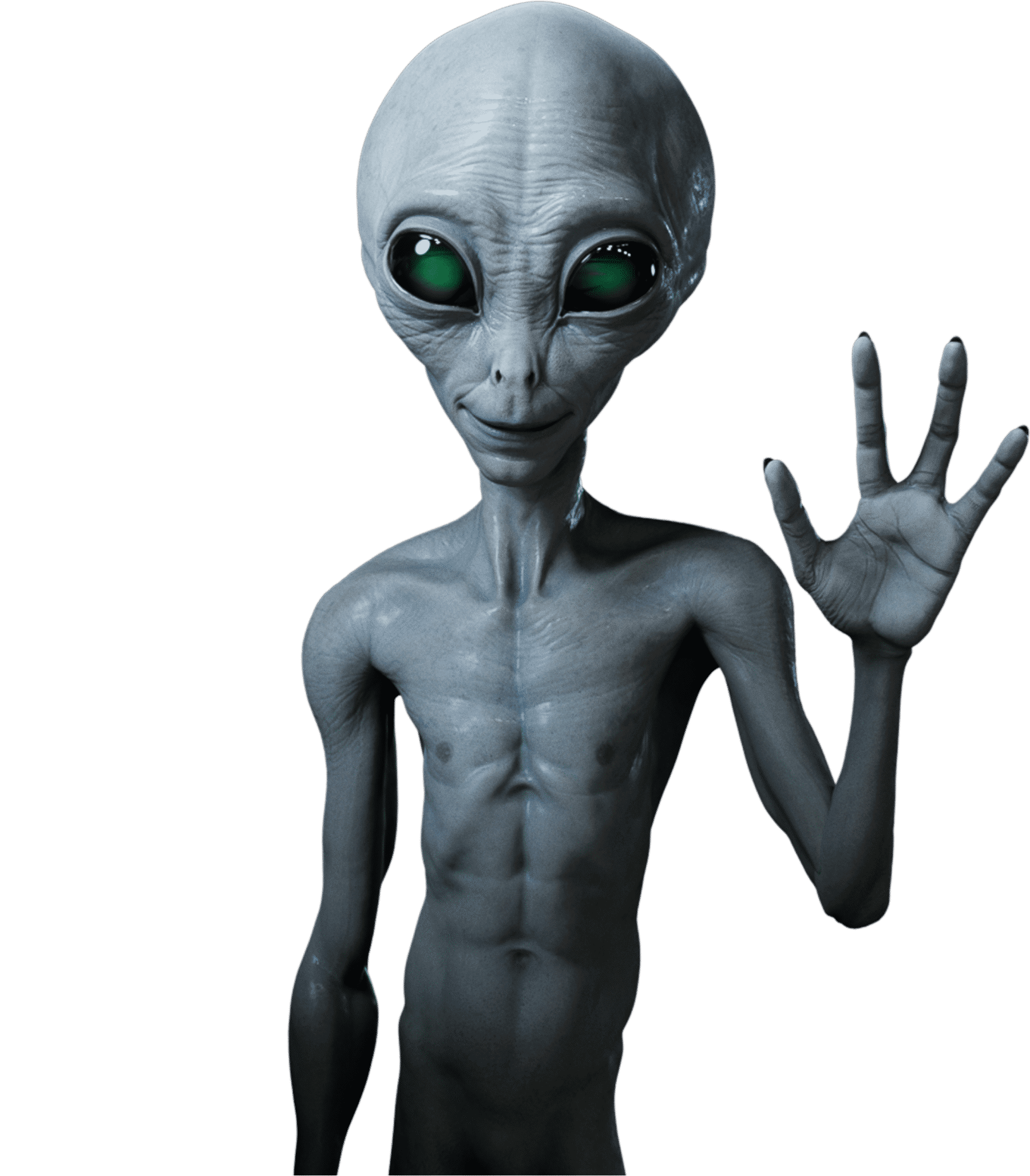 A grey visitor, hand raised in greeting